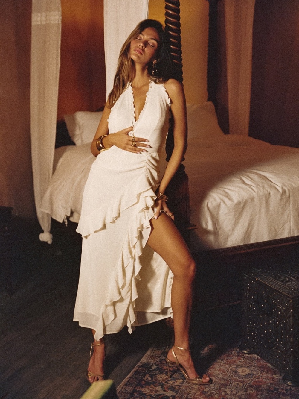12th Tribe Cream Ruffled Maxi Dress